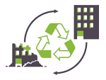 Un símbolo de reciclaje está rodeado de flechas y un edificio.
