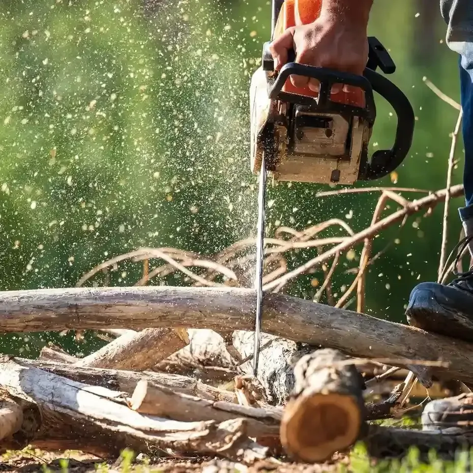 Una persona está cortando un tronco con una motosierra.