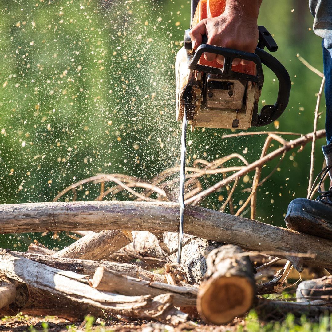 Una persona está cortando un tronco con una motosierra.