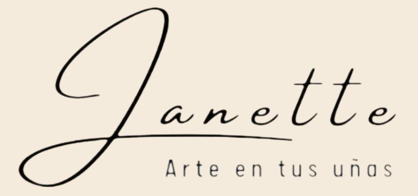 Logotipo con la palabra “Janette” en cursiva y el eslogan “Arte en tus uñas” sobre un fondo beige.