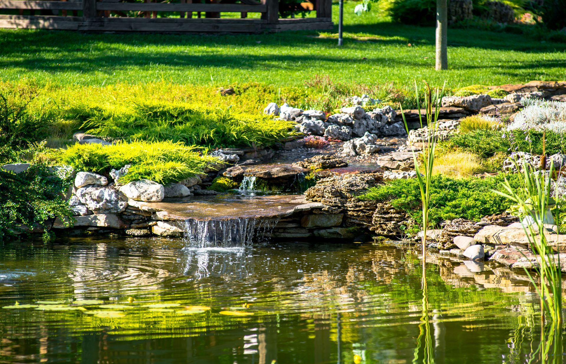 Kleiner Wasserfall über Felsen in einen grünen Teich in einem sonnigen Garten.