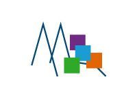 Ein Logo mit einem blauen Buchstaben M und bunten Quadraten auf weißem Hintergrund.
