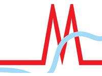 Eine rot-blaue Herzschlaglinie mit dem Buchstaben M auf weißem Hintergrund.