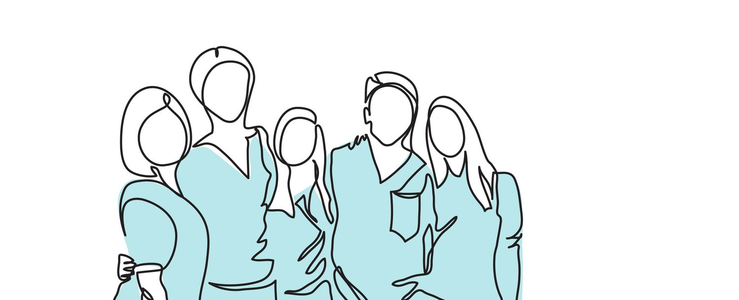 Un dessin au trait représentant cinq personnes en blouse médicale, debout ensemble en groupe.