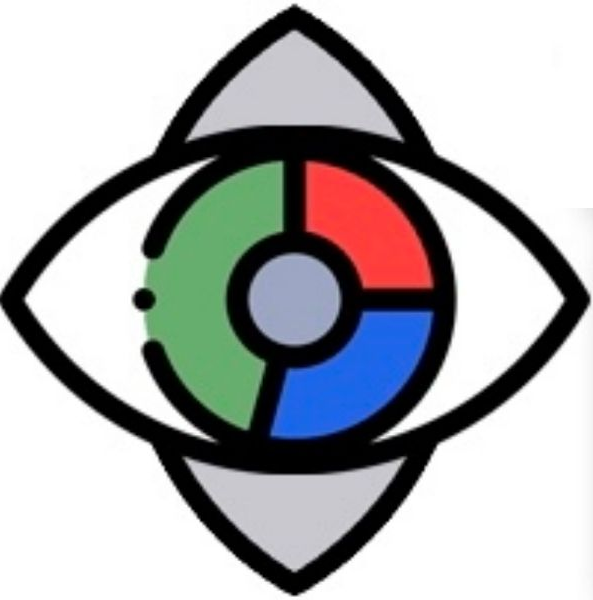 Logotipo circular abstracto con segmentos verdes, rojos y azules dentro de la forma de un ojo delineado en negro.