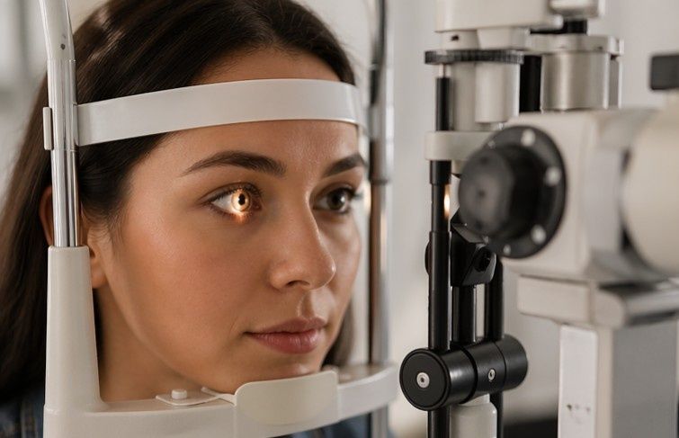 Mujer sometiéndose a un examen de la vista en el foróptero de un optometrista, mirando a través de una lámpara de hendidura.