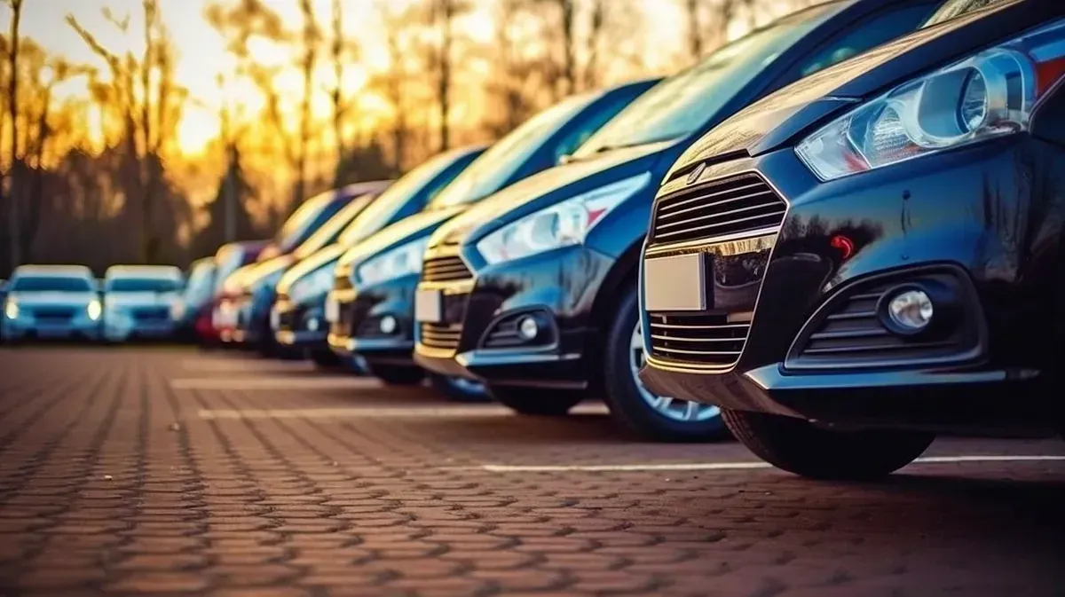 Una fila de coches están estacionados en un estacionamiento.
