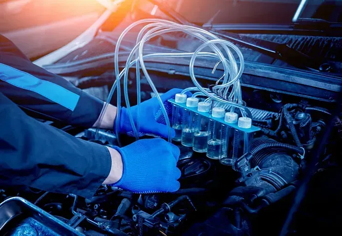 Un mecánico está trabajando en el motor de un coche.