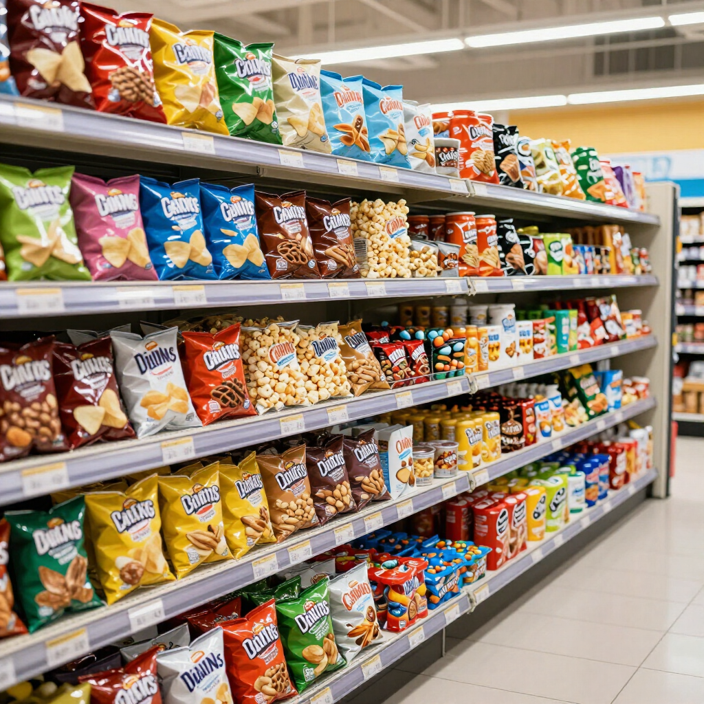 Pasillo de aperitivos del supermercado con coloridas patatas fritas y galletas saladas en los estantes.
