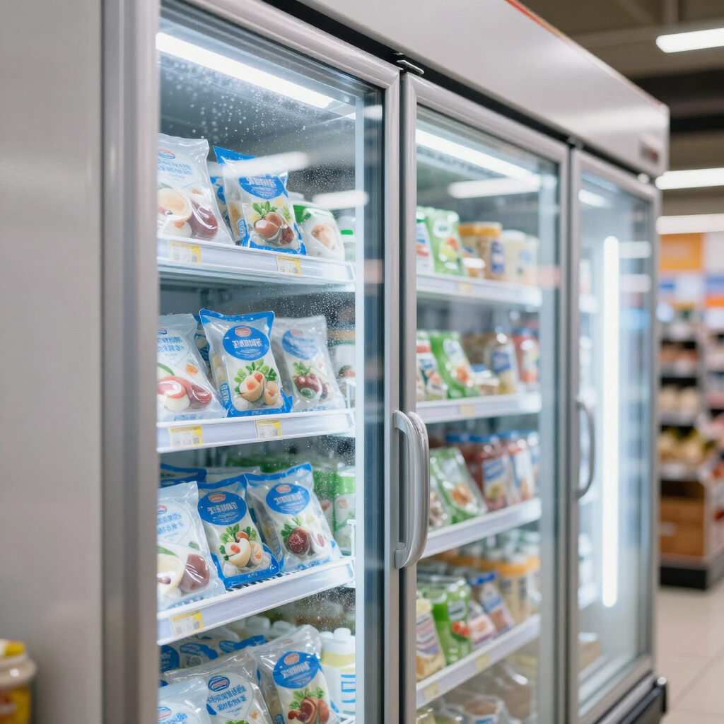 Pasillo de congeladores con puerta de cristal repleto de alimentos congelados en un supermercado.