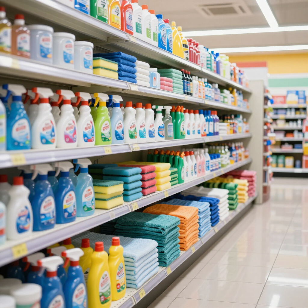 Un pasillo de supermercado bien iluminado con estantes llenos de coloridos productos de limpieza 