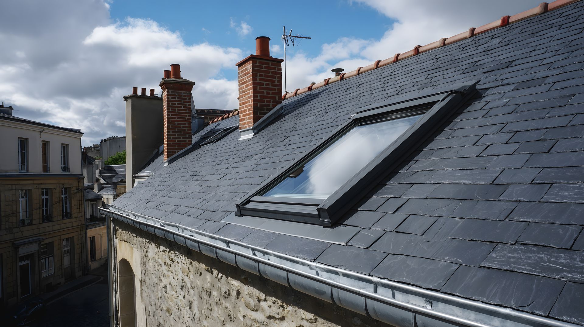 Rénovation d'un toit avec lucarne et tuiles en ardoise sous un ciel nuageux