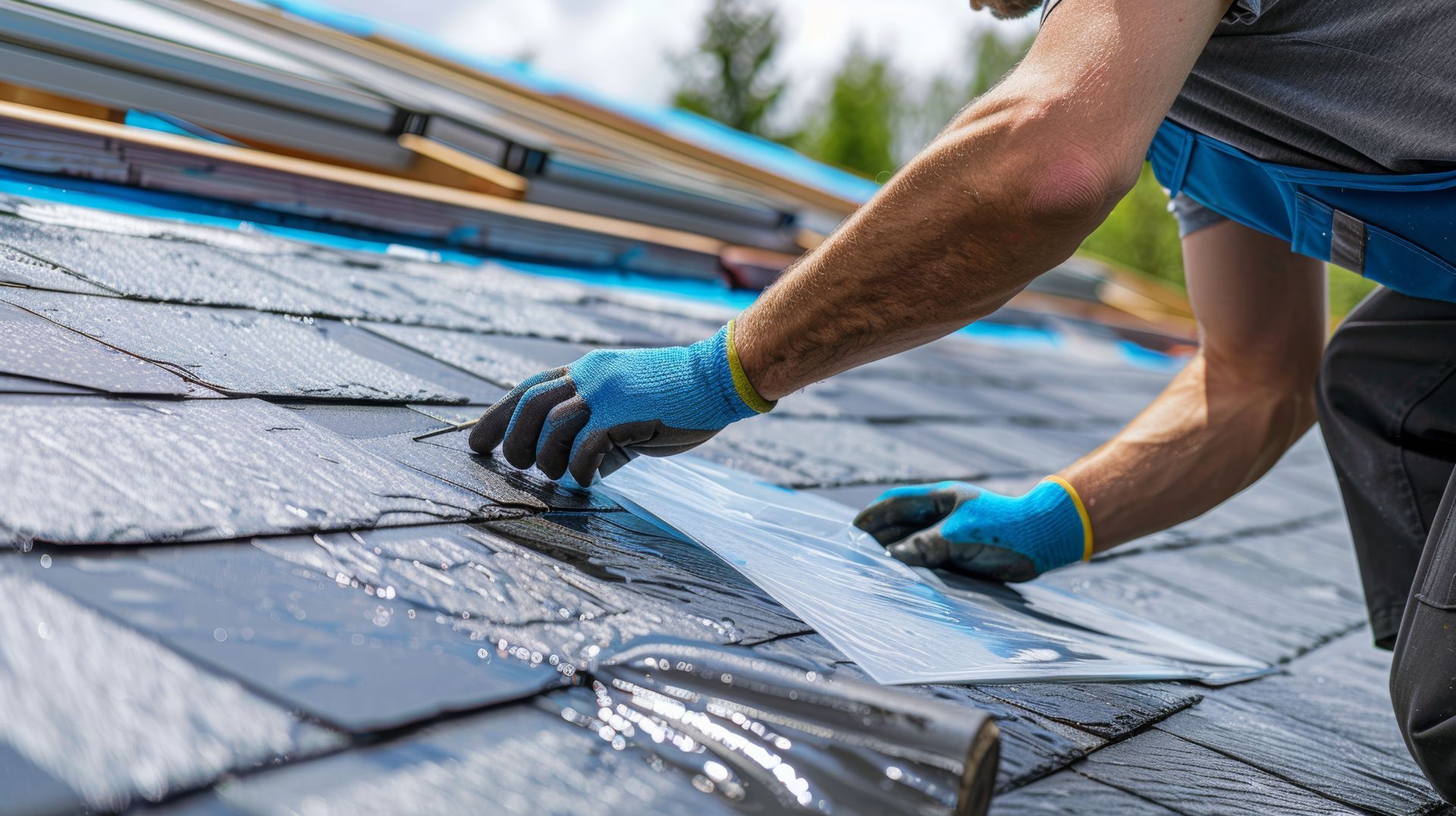 Un ouvrier du bâtiment installe des tuiles en ardoise sur une nouvelle maison