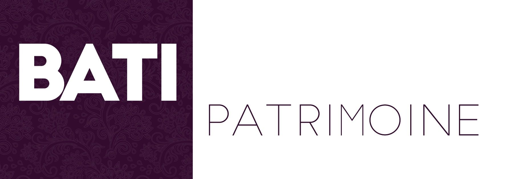 Logo pour Bati Patrimoine : texte blanc « BATI » sur fond violet foncé, « PATRIMOINE » en texte gris fin.