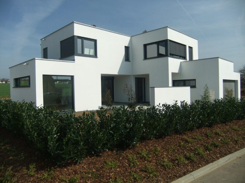 Modernes weißes Haus mit dunklen Fensterrahmen, umgeben von grünen Sträuchern und braunem Mulch.