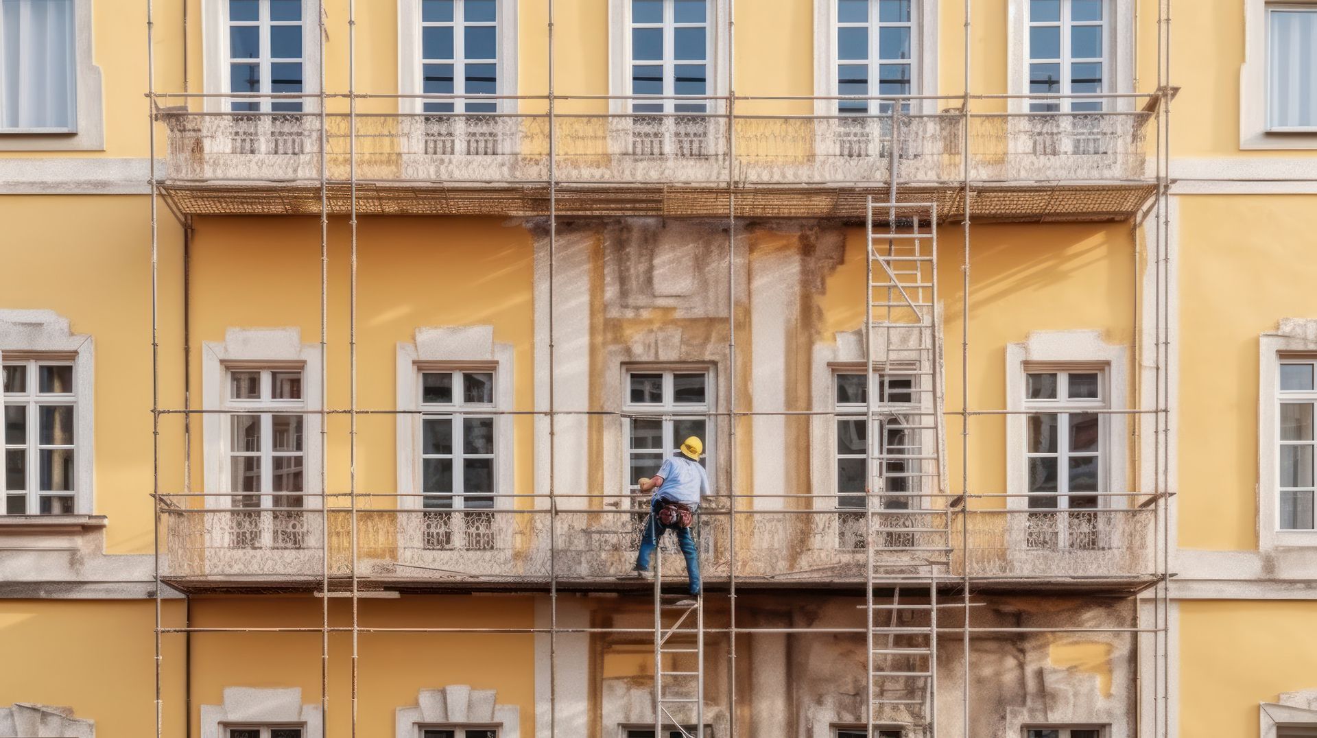Un trabajador de la construcción en un andamio repara un edificio amarillo con balcones ornamentados y ventanas con marcos blancos.