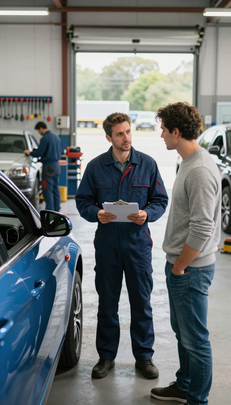 Un mecánico conversa con un cliente sobre la reparación de un automóvil junto a un coche azul en un taller mecánico.