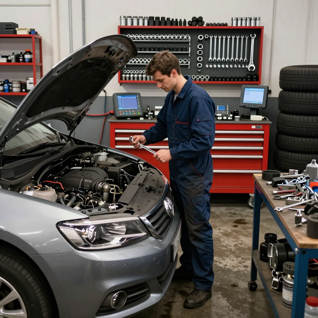 Mecánico inspeccionando un coche plateado con el capó abierto en un taller mecánico; herramientas y neumáticos al fondo.