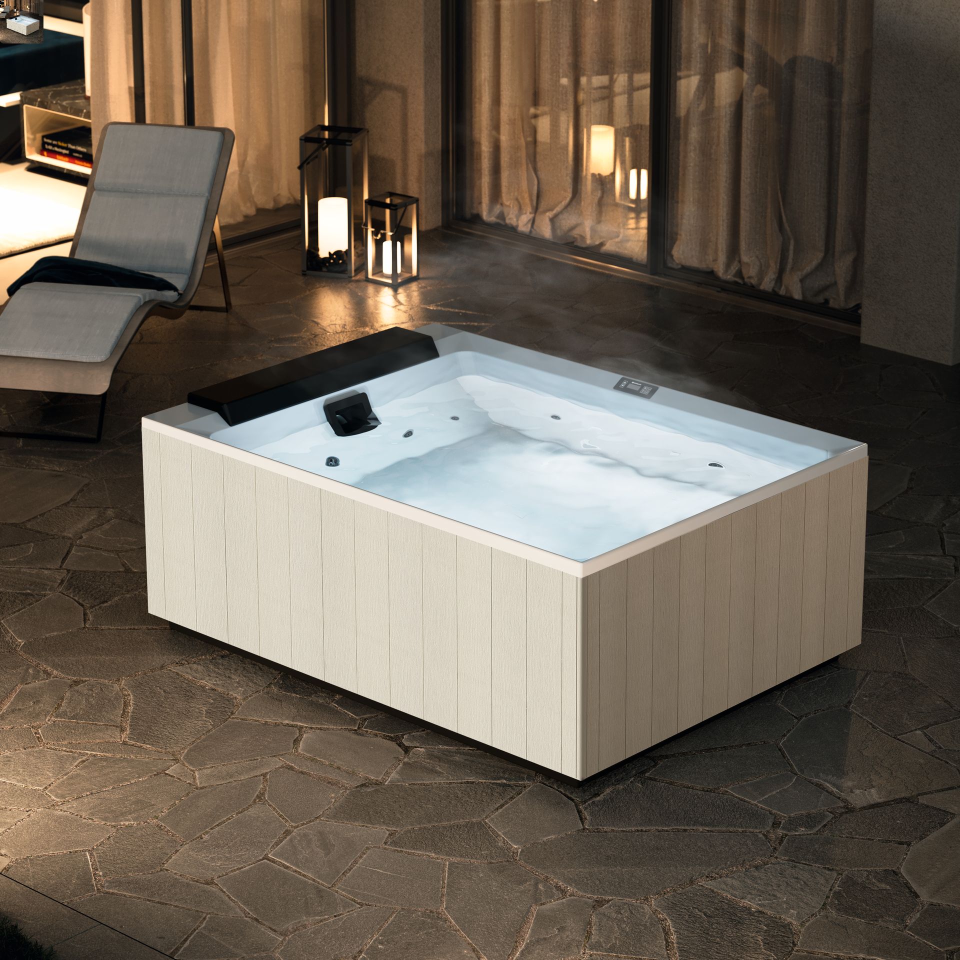 Une personne gantée programme un grand jacuzzi blanc à côté d'outils.