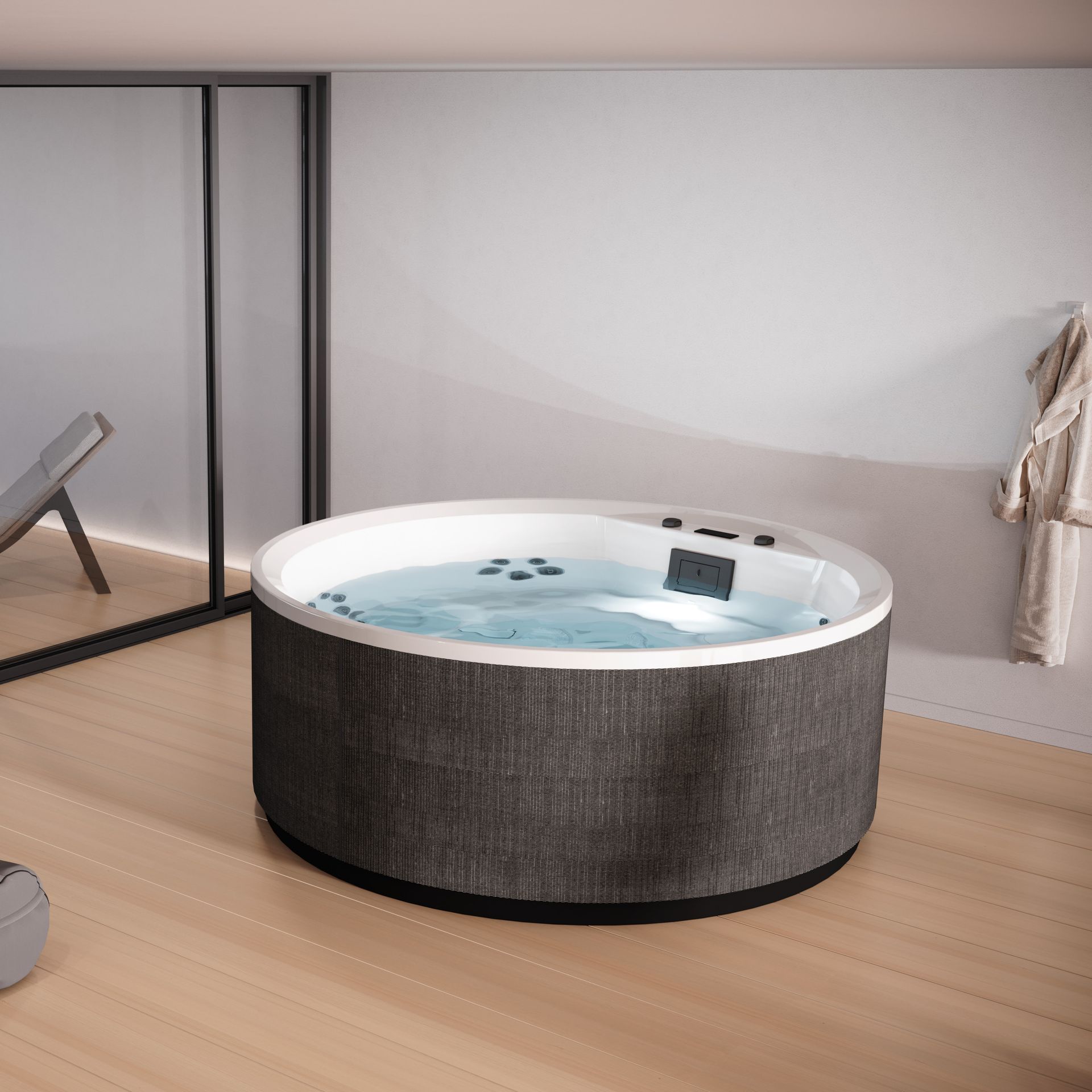 Jacuzzi dans le jardin sous un auvent de terrasse moderne, à côté d'un mur extérieur rouge.