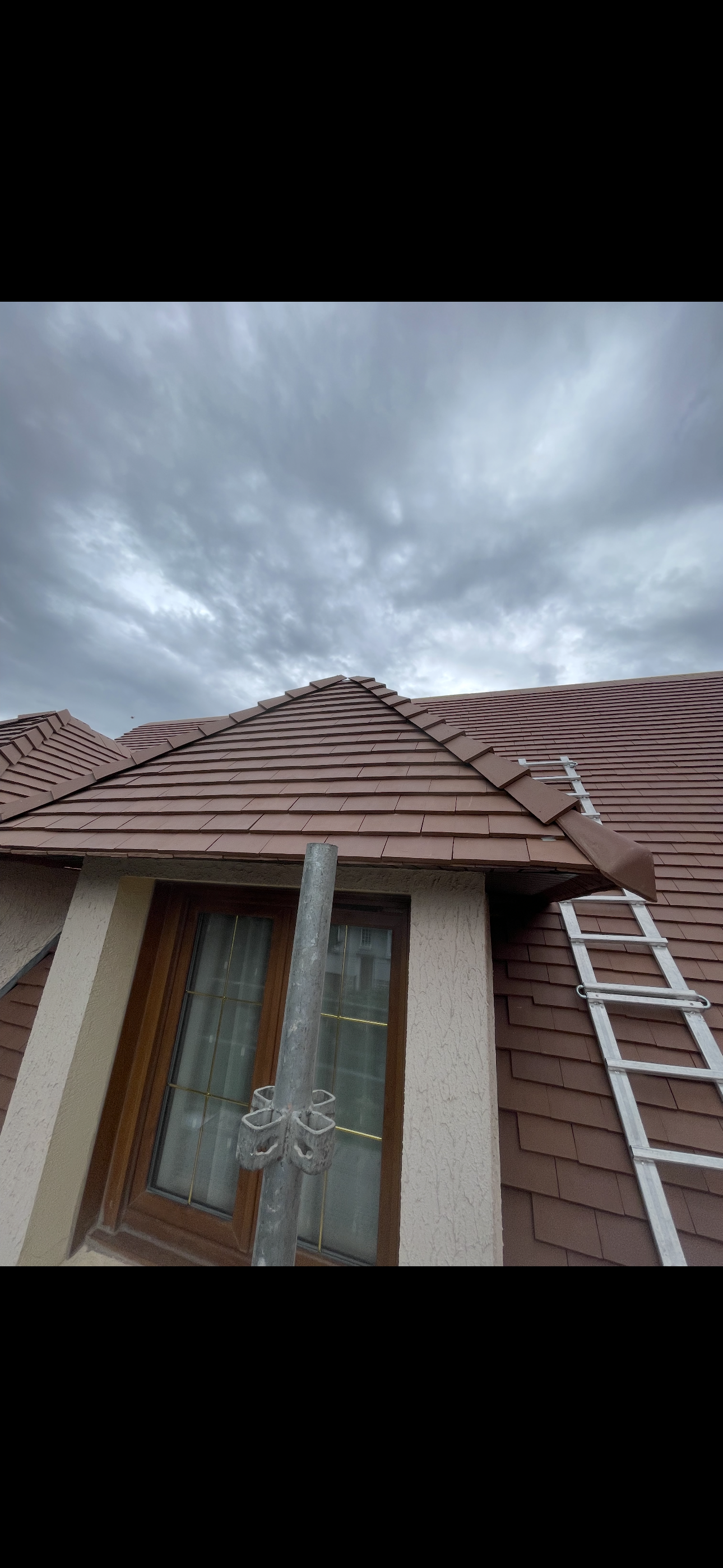 Vue depuis une échelle, donnant sur une lucarne d'un toit de tuiles brunes sous un ciel nuageux et couvert.