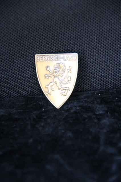 Auf einem schwarzen Tuch liegt eine goldene Nadel mit einem Löwen darauf.