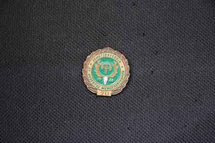 Eine Nahaufnahme eines Abzeichens auf einem schwarzen Tuch.