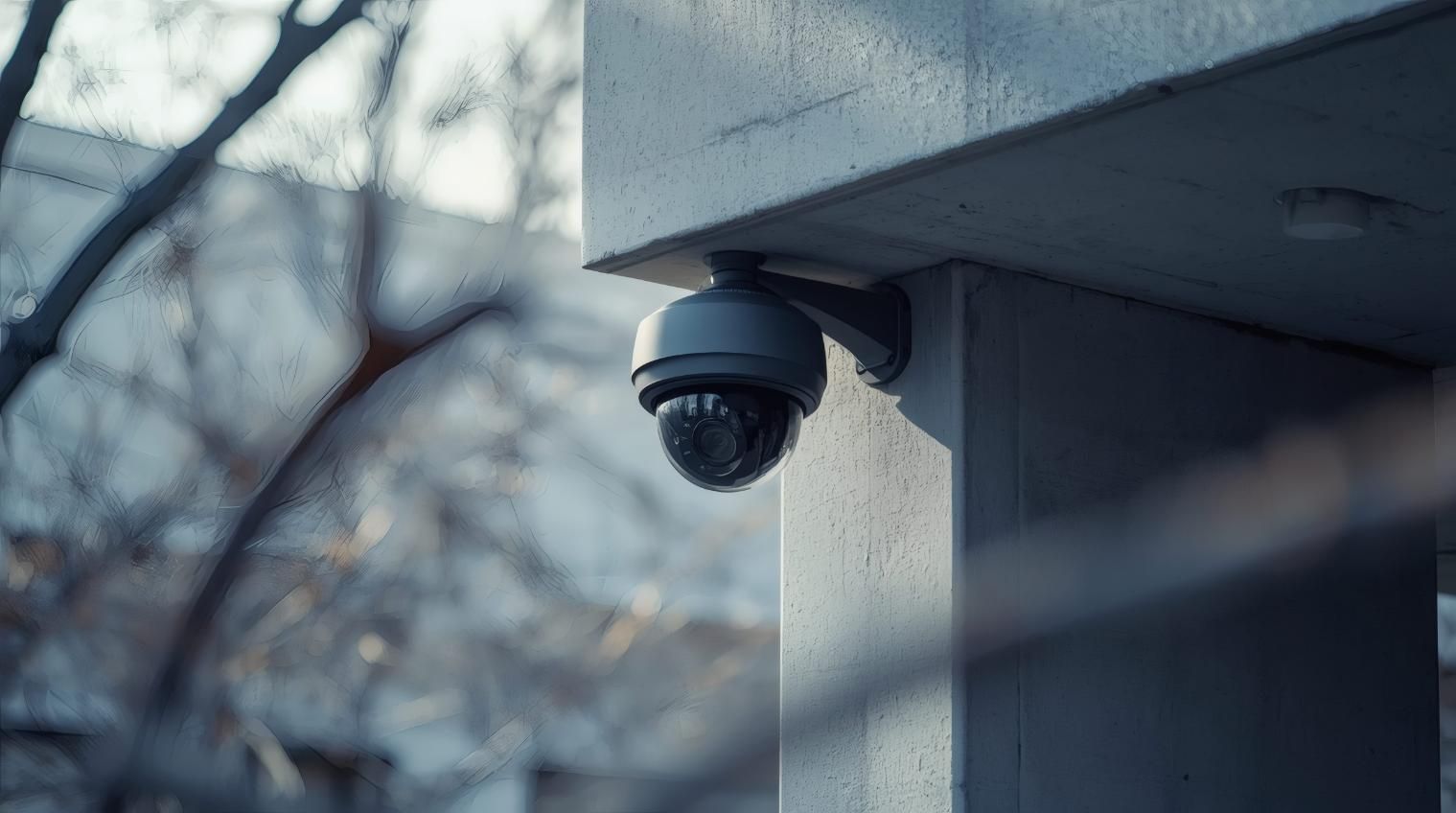 Cámara de seguridad instalada bajo un alero, con vistas a una zona exterior con árboles sin hojas.