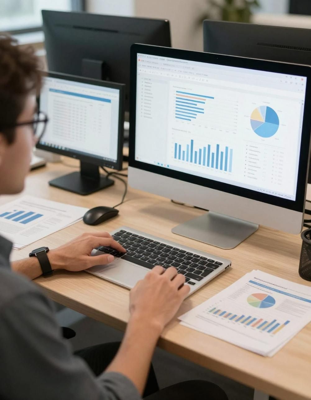 Persona trabajando en un escritorio con dos monitores que muestran gráficos y diagramas.