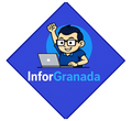 Logotipo de diamante azul con una persona de dibujos animados en una computadora port&aacute;til y el texto &ldquo;InforGranada&rdquo;.