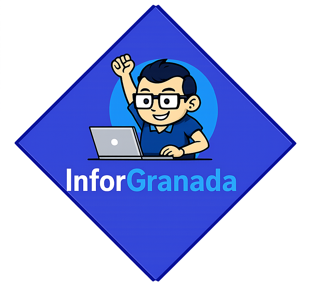 Logotipo de diamante azul con una persona de dibujos animados en una computadora portátil y el texto “InforGranada”.
