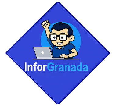 Logotipo de diamante azul con una persona de dibujos animados en una computadora port&aacute;til y el texto &ldquo;InforGranada&rdquo;.