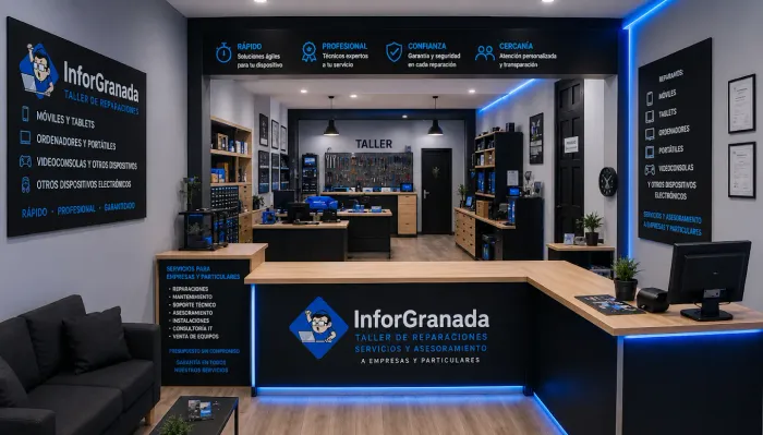 Stand tecnológico de InformarGranada con iluminación azul, mostradores, monitores 