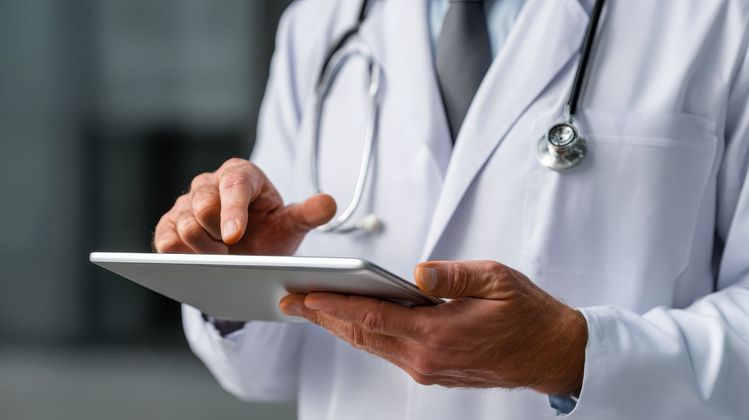 Un médecin en blouse blanche utilisant une tablette avec un stéthoscope autour du cou.