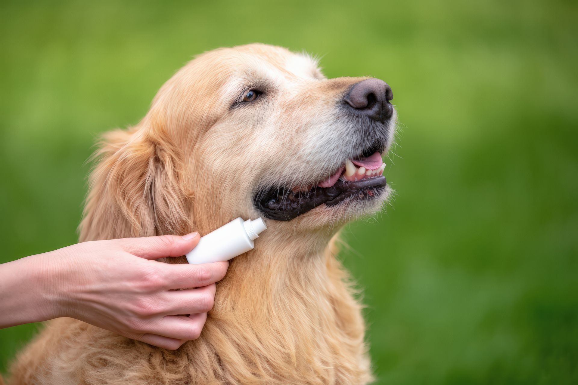 Une personne applique une pommade sur la joue d'un golden retriever, à l'extérieur, sur l'herbe.