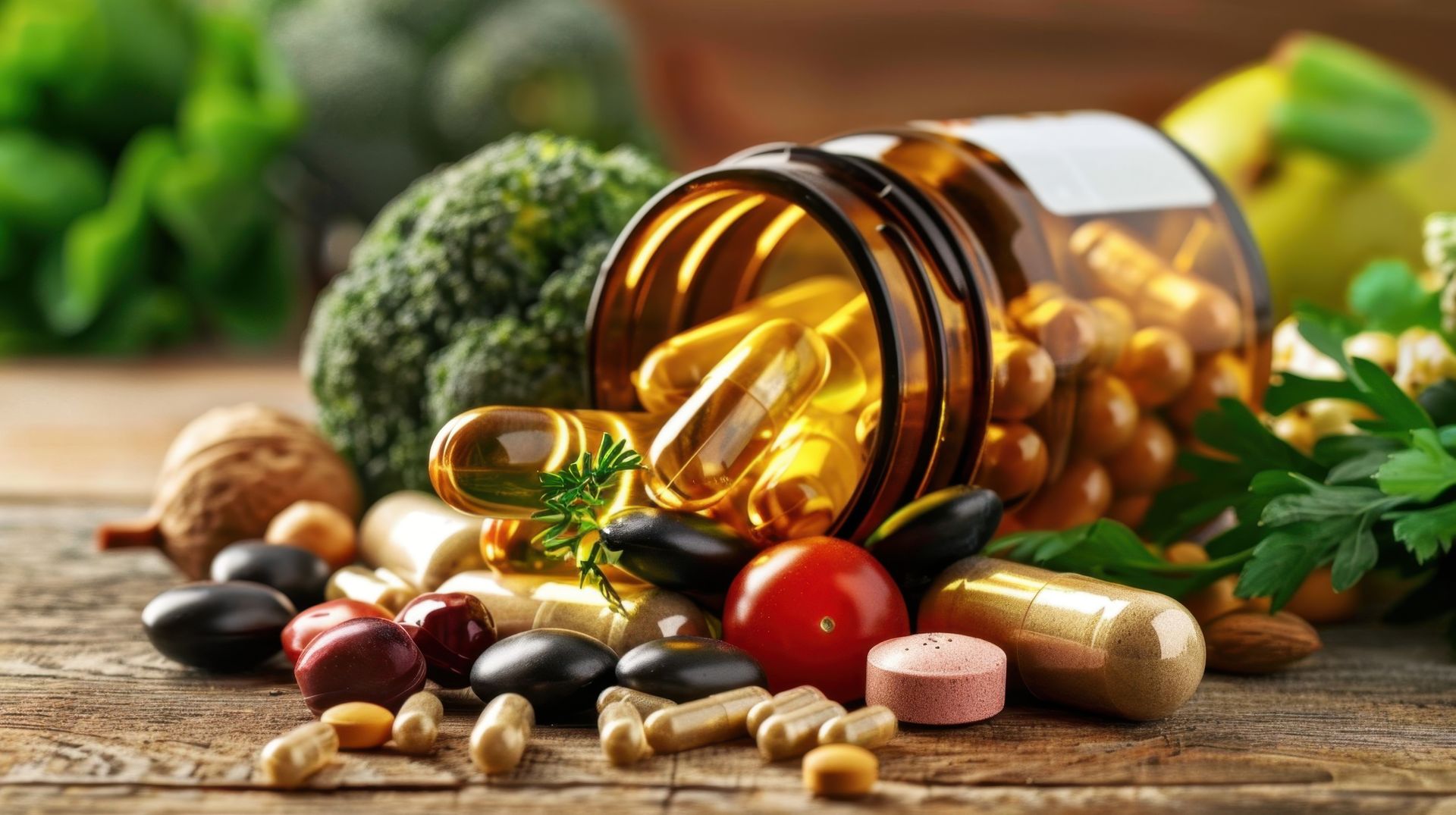 Des capsules de vitamines débordent d'un flacon, entourées de fruits et légumes frais et de noix.