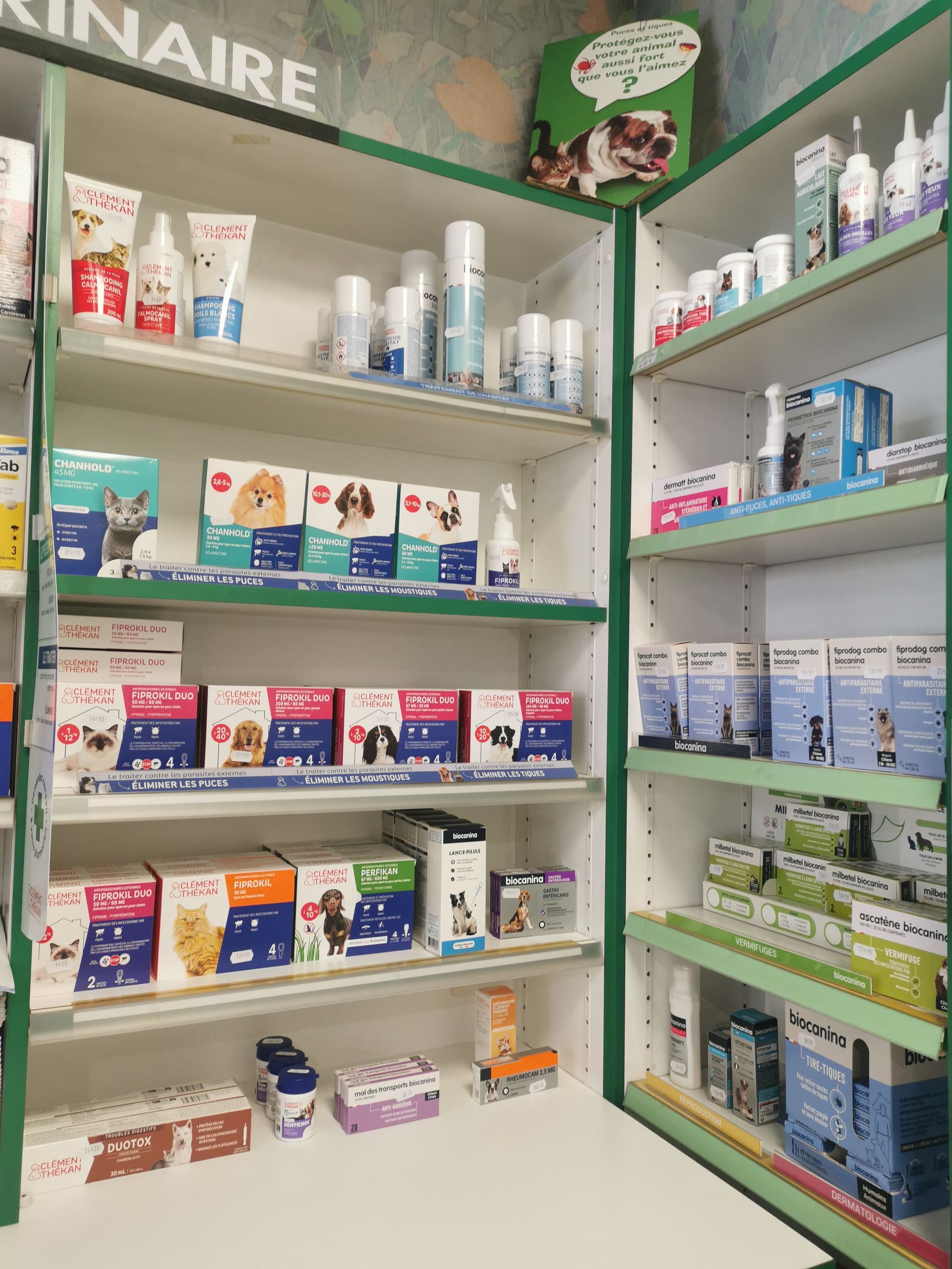 Des rayons dans une animalerie vétérinaire regorgeant de produits de santé animale et de prévention contre les puces, comme Seresto.