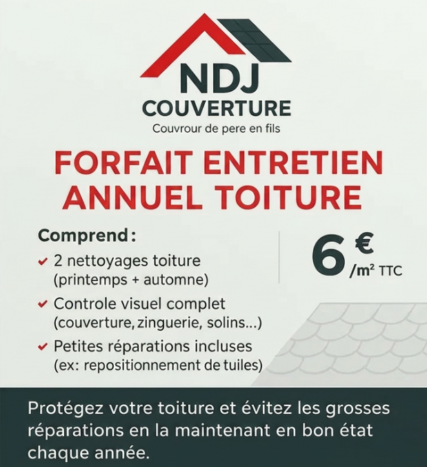 Affiche publicitaire de NDJ Couverture évoquant l'entretien annuel de toiture à 6 €/m² TTC.