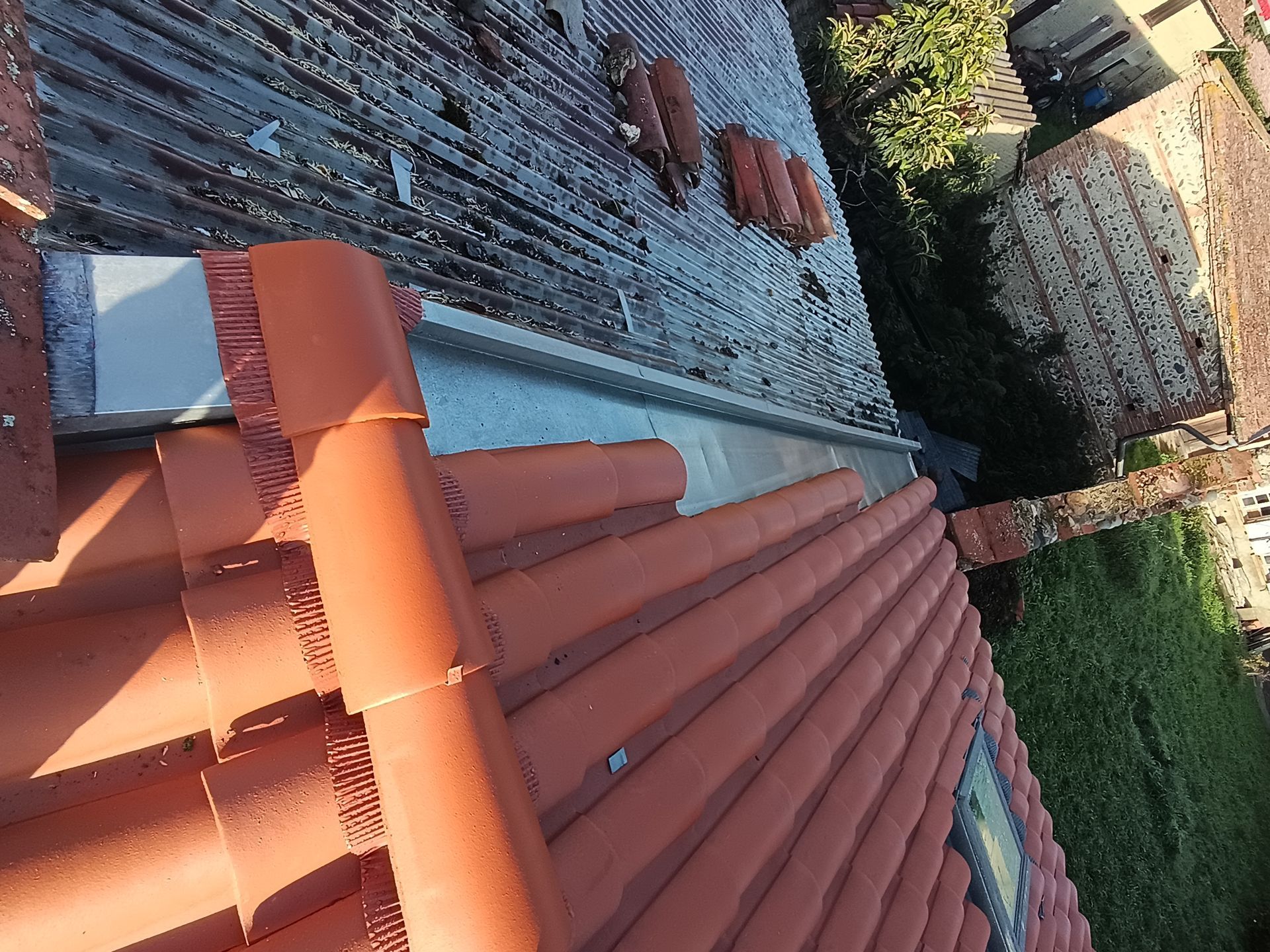 Des tuiles en terre cuite bordent un solin en zinc et vue sur une cour verdoyante baignée de soleil.