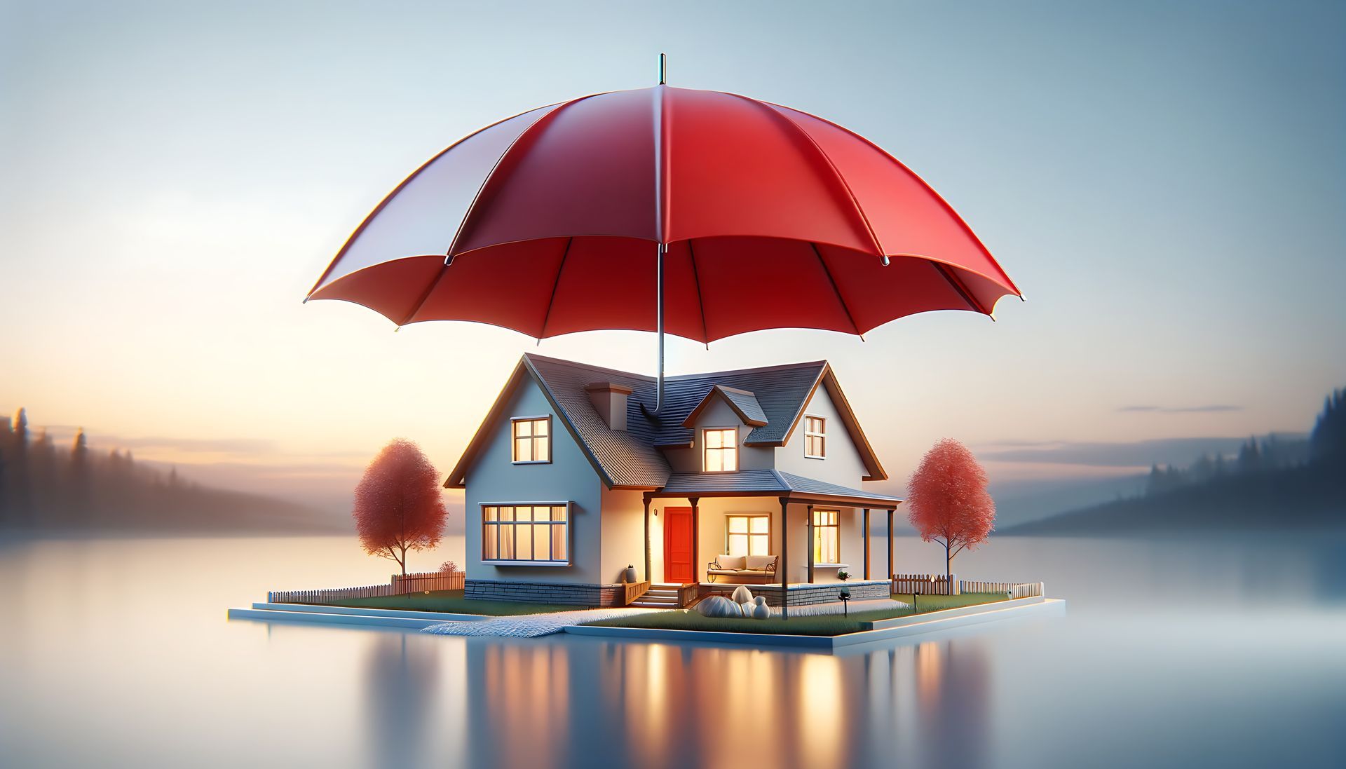 Petite maison sur une eau calme, sous un immense parasol rouge au coucher du soleil.
