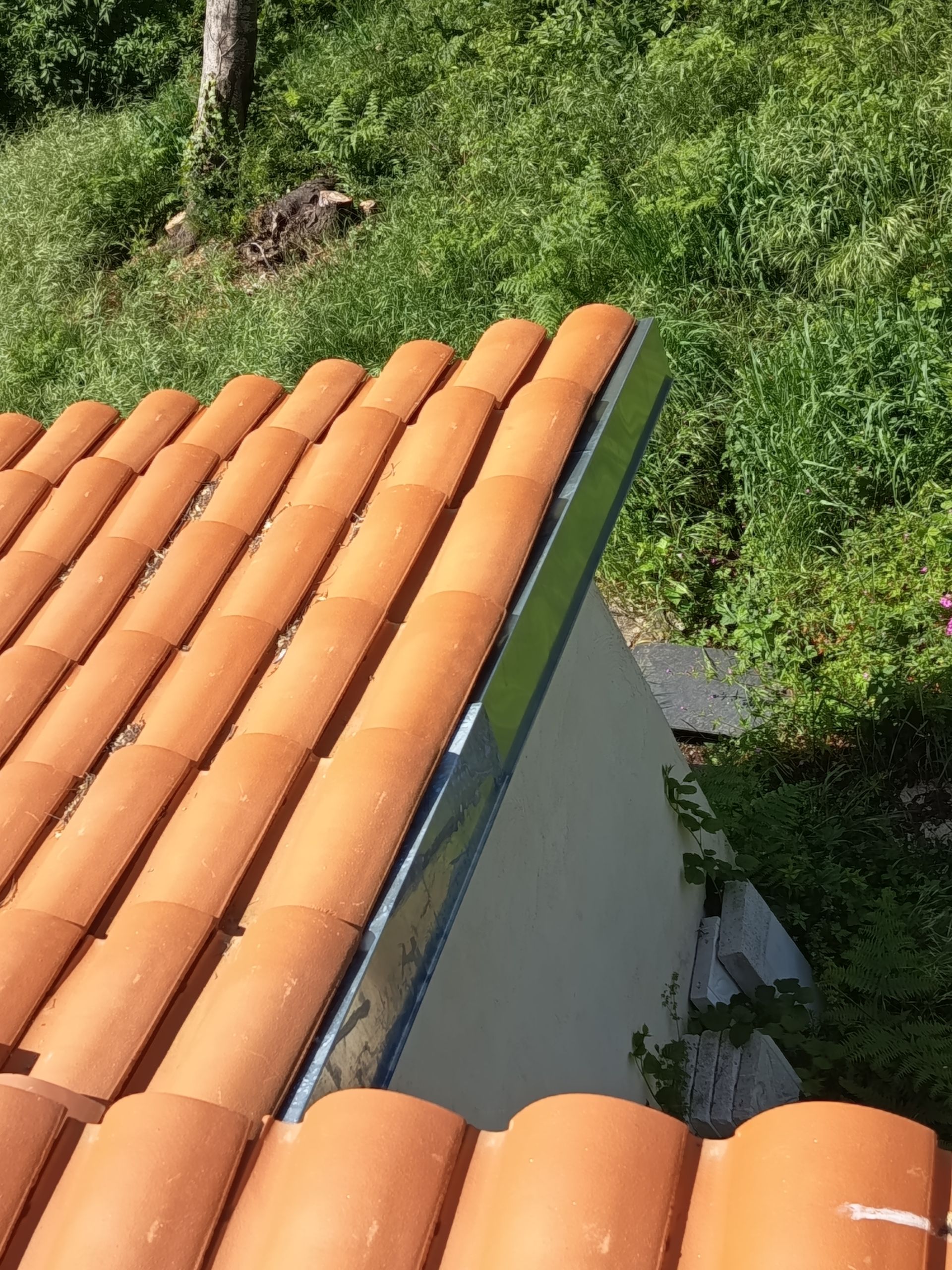 Des tuiles de terre cuite bordent un mur blanc, avec une végétation verte dense en arrière-plan.