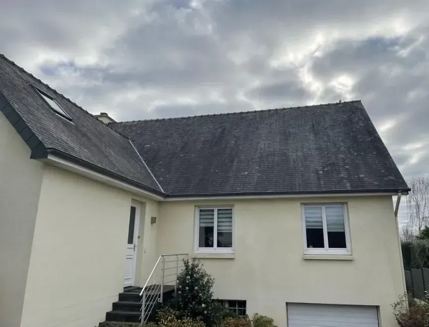 Application d'un traitement hydrofuge sur un toit en ardoise recouvert d'algues rouges