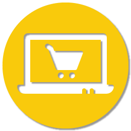 Círculo amarillo con un portátil blanco y un icono de carrito de la compra en la pantalla.