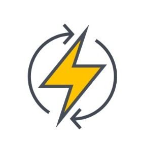 Rayo amarillo rodeado de flechas grises, que simboliza la energía y el reciclaje.