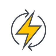 Rayo amarillo rodeado de flechas grises, que simboliza la energía y el reciclaje.