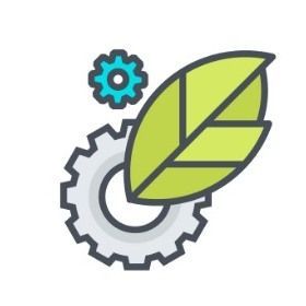 Engranaje, pequeño engranaje turquesa y una hoja verde, simbolizando la industria sustentable.