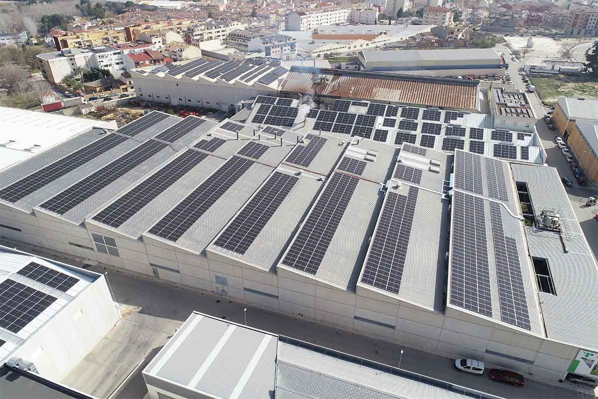 Vista aérea de edificios industriales con numerosos paneles solares en los techos.