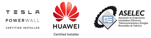 Logotipos de Tesla Powerwall, Huawei y ASELEC, asociación española de electricidad, telecomunicaciones y robótica.