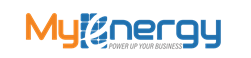 Logotipo de MyEnergy: "My" naranja con icono de panel solar azul y "energía" en azul; lema "IMPULSA TU NEGOCIO".