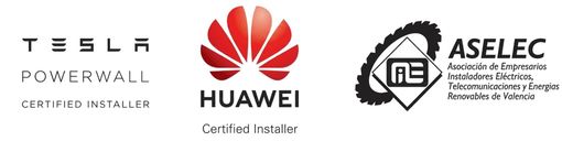Logotipos de Tesla Powerwall, Huawei y ASELEC, asociación española de electricidad, telecomunicaciones y robótica.